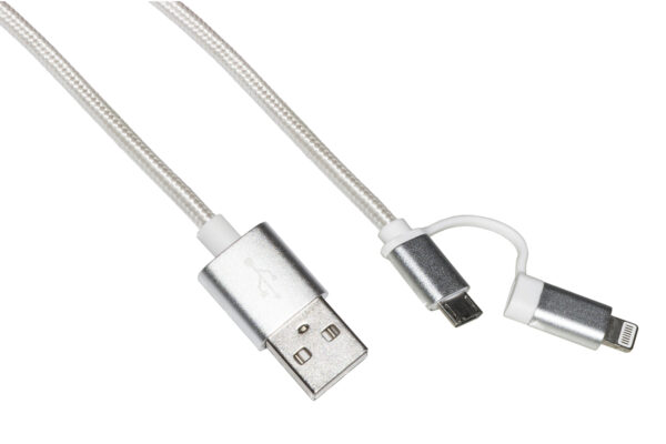 CAVO USB 2 IN 1 CONNETTORI MICRO USB + 8 POLI IP5 MT 1 GUAINA TELA INTRECCIATA COLORE BIANCO