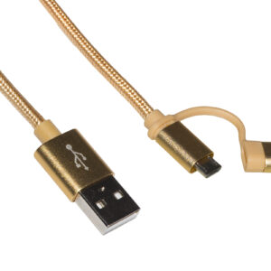 CAVO USB 2 IN 1 CONNETTORI MICRO USB + 8 POLI IP5 MT 1 GUAINA TELA INTRECCIATA COLORE ORO