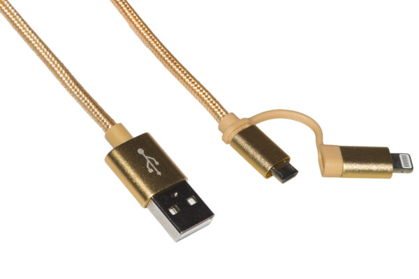 CAVO USB 2 IN 1 CONNETTORI MICRO USB + 8 POLI IP5 MT 1 GUAINA TELA INTRECCIATA COLORE ORO