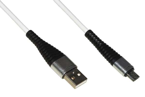 CAVO MICRO USB MT 1 GUAINA INTRECCIATA CON PROTEZIONE FLESSIBILE SUL CONNETTORE COLORE BIANCO