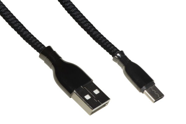 CAVO USB TIPO "C" MT 1 GUAINA INTRECCIATA CONNETTORI ZINCO-ALLUMINIO COLORE NERO CON COPRICONNETTORE RINFORZATO PER L'ESTRAZIONE